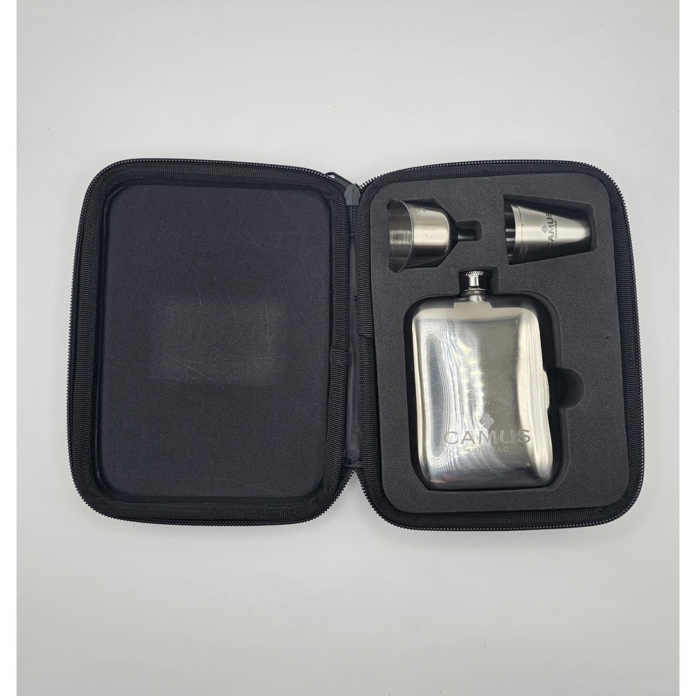Camus Cognac Hip Flask Funnel Cups Travel Set In Case Stainless Promotional